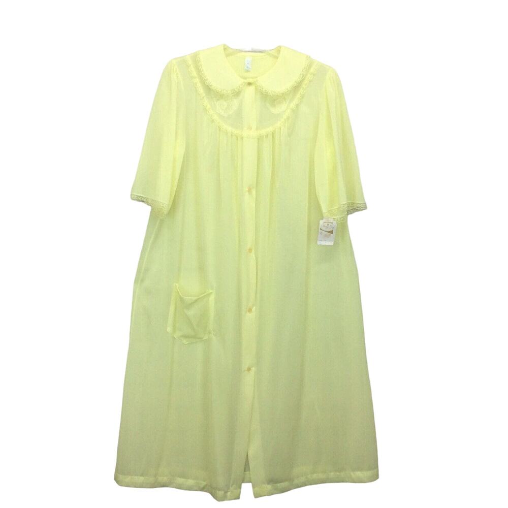 Vtg Nancy King Lingerie Housecoat Women's M Short Sleeve Lace Trim Button Front